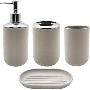Bathroom Accessory Set, 4 pcs Shatter-Resistant Resin Bathroom Accessories Set Include Lotion Soap Dispenser Toothbrush Holder Soap Dish Modern Bathroom Decor, Gift for Home (Beige 4pcs)