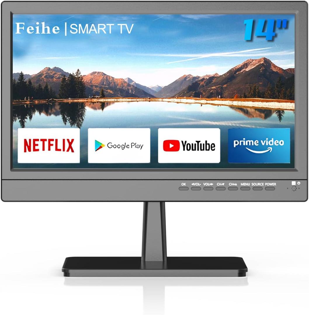 Feihe 14 inch Small Smart TV, HD Flat Screen Android TV Download APPs for Kitchen, Bedroom, RV