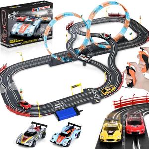 Boy Toys Gifts for 6 7 8-12 Years Old, Slot Car Race Track Sets with 4 Slot Cars, Battery or Electric Car Track with Flash Light, Dual Racing Game Lap Counter Circular Overpass Track Gifts for Kids