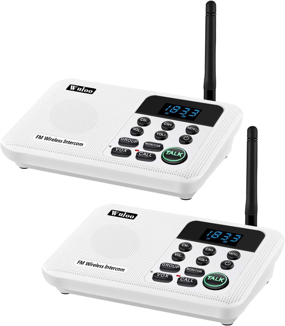 Wuloo Intercoms Wireless for Home 1 Mile Range 22 Channel 100 Digital Code Display Screen, Wireless Intercom System for Home House Business Office, Room to Room Intercom Communication(2Station, White) (2 Stations-White)