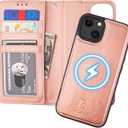 Bocasal for iPhone 13 Wallet Case Compatible with MagSafe Wireless Charging, RFID Blocking Magnetic Leather Case with Card Slots Holder Kickstand Detachable Wrist Strap 6.1 Inch (Rose Gold)