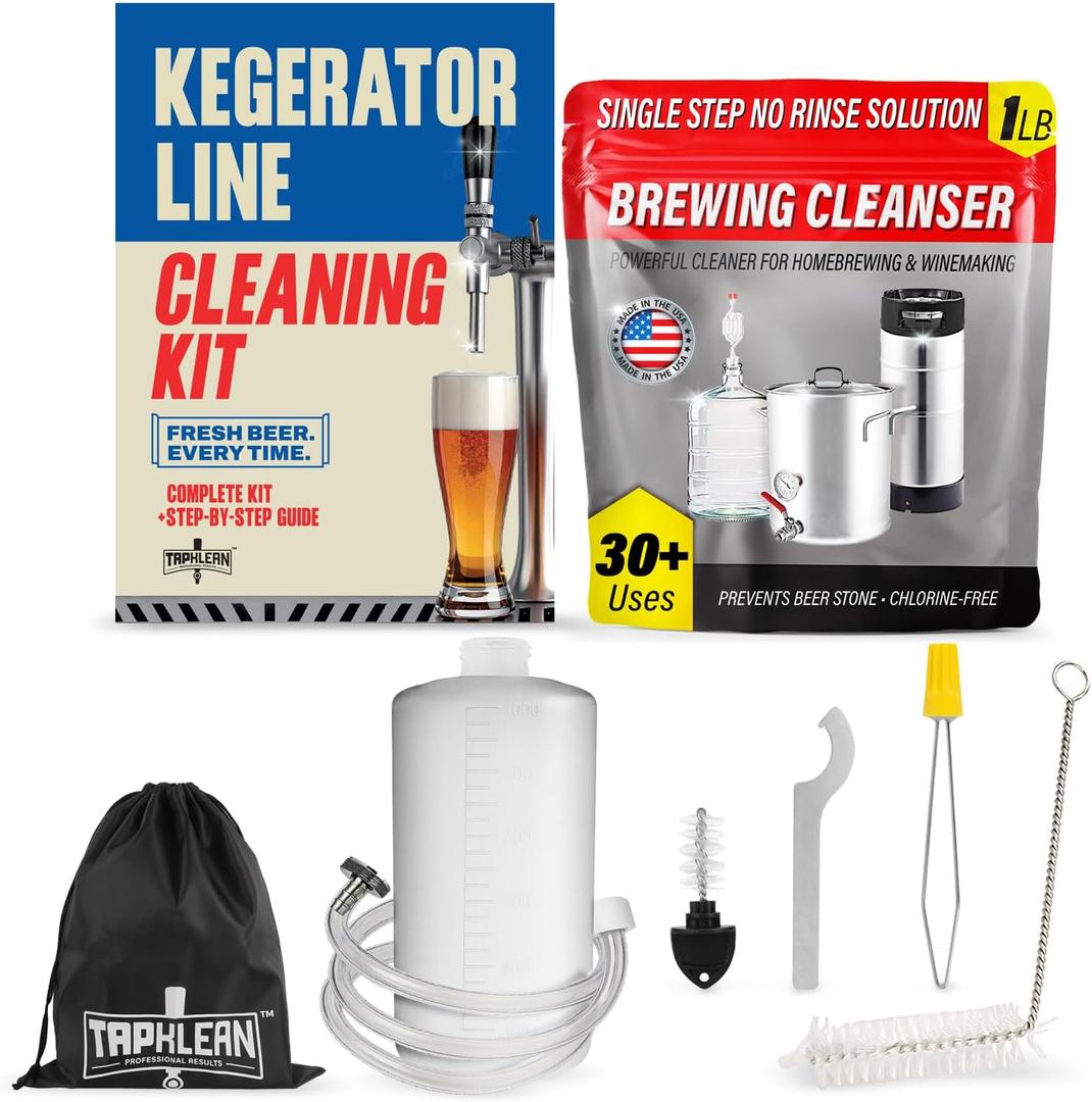 Kegerator Cleaning Kit with 1 LB Beer Line Cleaner Made in USA  30+ Uses, Complete Keg Cleaning Kit with Metal Coupler, Squeeze Bottle, Wrench, Detailed Instructions, Storage Bag & Beer Tap Brush