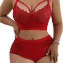 SOLY HUX Women's Plus Size Sheer Lace Lingerie Wireless Bra and Panty 2 Piece Underwear Set (3X-Large Plus, Pure Red)