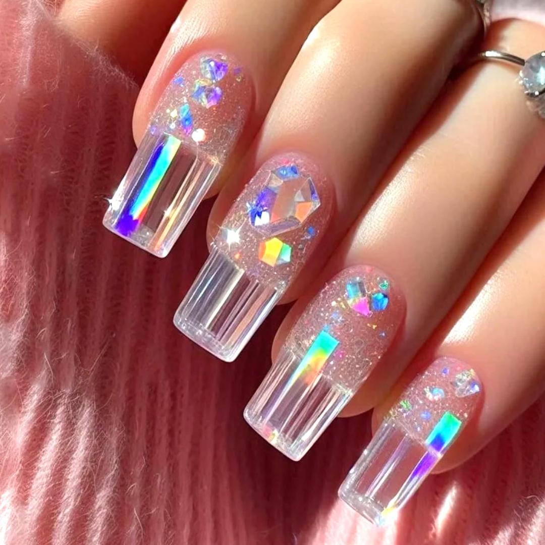 Press on Nails Medium Length Square Artificial Acrylic Fake Nail Pink Aurora Design Glossy Stick on Nail Full Cover Reusable Coffin Artificial Fingernails Glue on Nail for Women 24Pcs