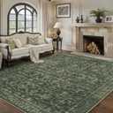 Washable Area Rug 9x12 Green Rugs for Living Room, Vintage Boho Large Rug for Bedroom Dining Room Office, Distressed Floral Print Carpet for Under Table, Soft Non Slip Low Pile Throw Carpet Indoor Mat