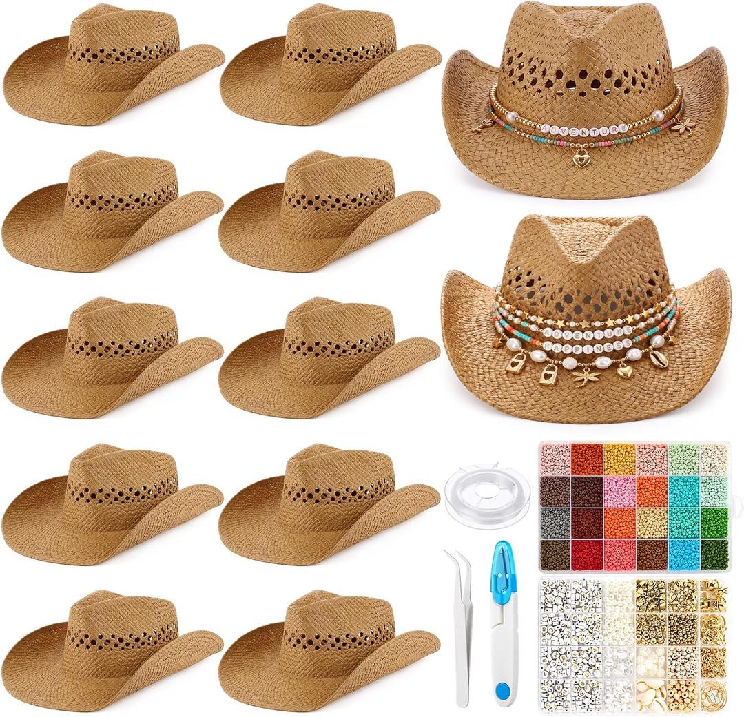 Unittype Straw Cowgirl Hat DIY Craft Bead Making Kit, Khaki, 12 Sets