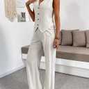 Women's 2 Piece Outfits Linen Vest Waistcoat Dressy Casual Sets Wide Leg Pants Suits, XS