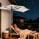 AreShark 9ft Patio Half Umbrellas with Solar Lights, 1/2 LED Half Outdoor Umbrella w/ 20 LED Lights, Lighted Table Wall Umbrella with Crank & 5 Sturdy Ribs for Market, Pool, Deck, Lawn and Garden, Cream White