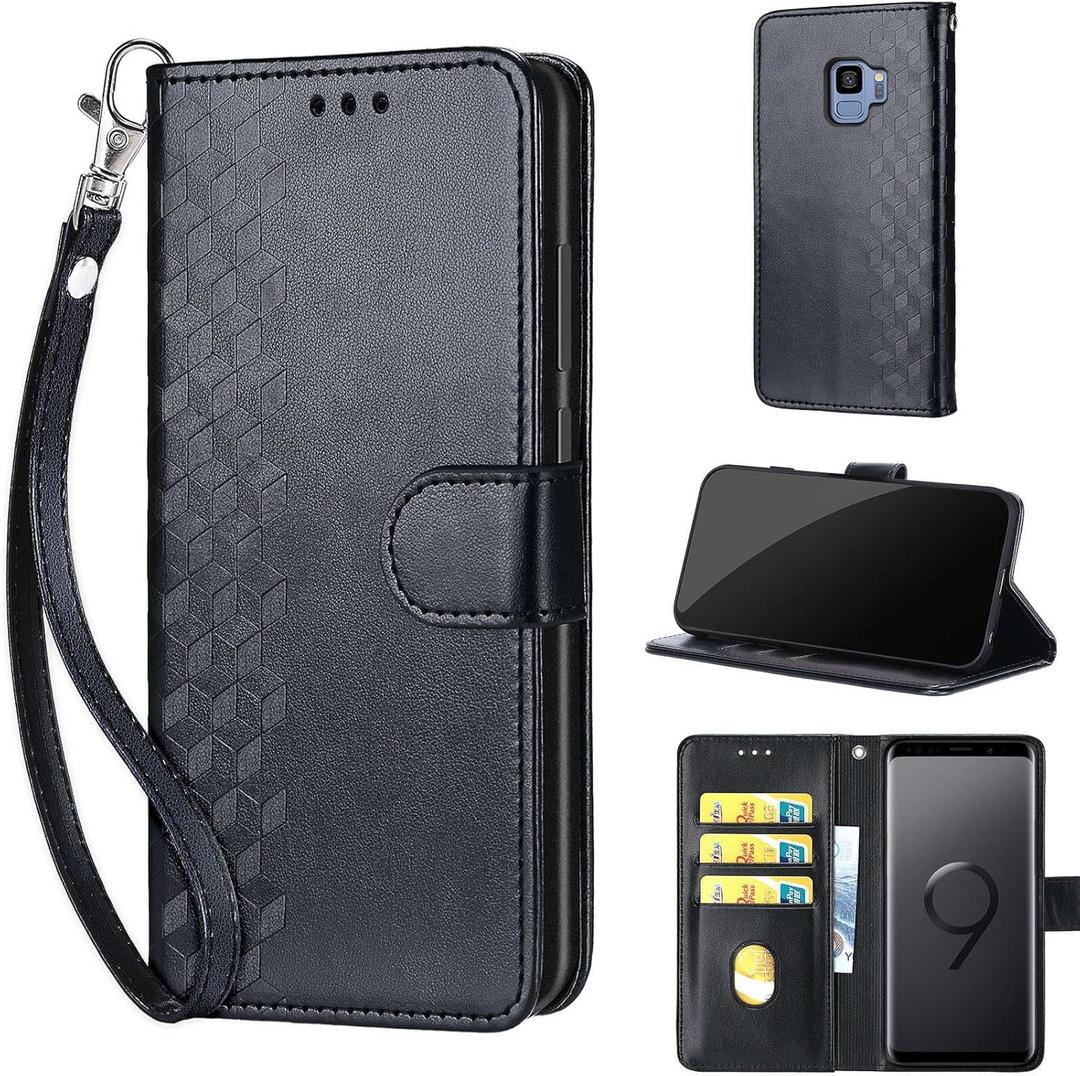 Designed for Samsung Galaxy S9 Case Wallet,Women Flip Folio Cover with Embossed PU Leather Stand Credit Card Holders Slots Wrist Strap Phone Case for Samsung S9 5.8 Inch (Black Cube) (1)