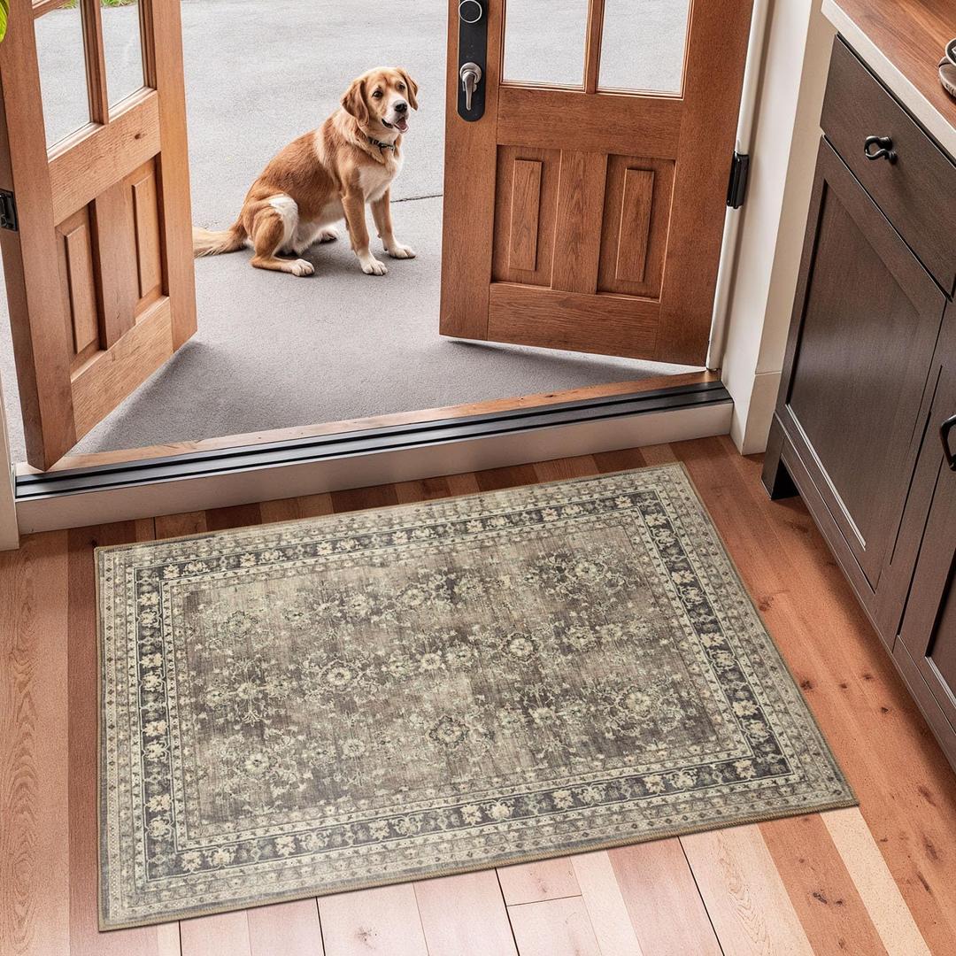 Lessymo Small Area Rugs 2x3 ft, Vintage Brown Machine Washable Rug for Entryway Kitchen Bathroom, Non Slip Low Pile Indoor Door Mat, Distressed Boho Floral Accent Carpet
