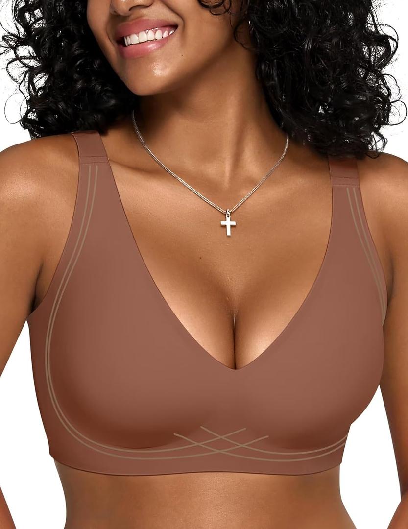 Vertvie Wireless Bras for Women Support Lift Deep V Seamless No Underwire Jelly Push Up Bra Plunge Full Coverage Bralettes (Medium, Coffee)