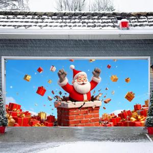 6x13FT Merry Christmas Garage Door Banner Xmas Santa Claus Snowman Elk Aurora Christmas Decorations 71"x157" Garage Door Cover Decoration for Christmas Party (01)