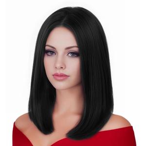 Rugelyss Natural Black Bob Wigs for Women with No Bangs Short Straight Wig with Middle Part 14 Inch Heat Resistant Synthetic Wig Daily Party Use