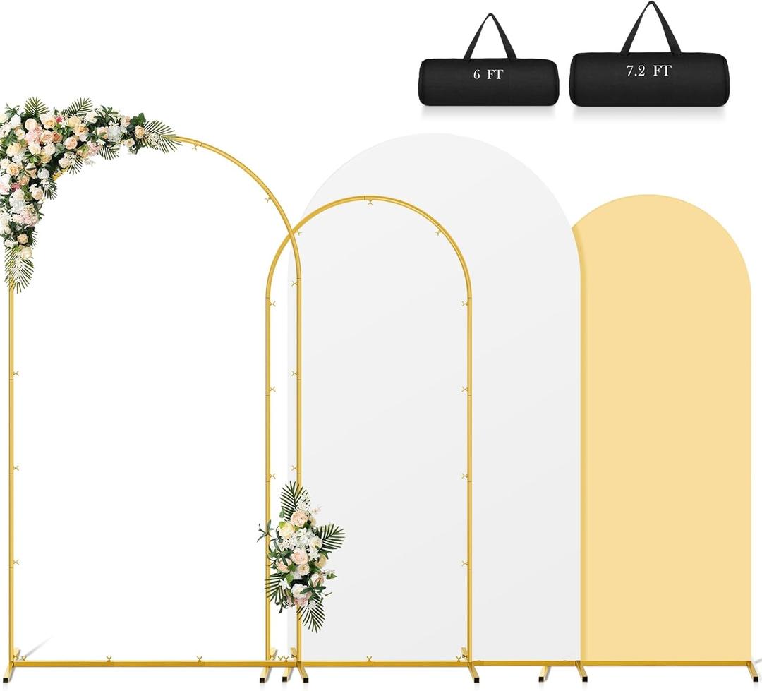 Arch Backdrop Stand and Cover Set, 7.2 FT+6.0 FT Metal Balloon Arch Frame with Two Tone Covers and Storage Bag, Suitable for Wedding Birthday Party Baby Shower Decoration (White and Beige)