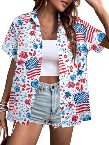American Flag Shirt Women Patriotic Hawaiian Shirts 4th of July Tops Red White Blue Hawaii Floral Button Up Blouses, Small
