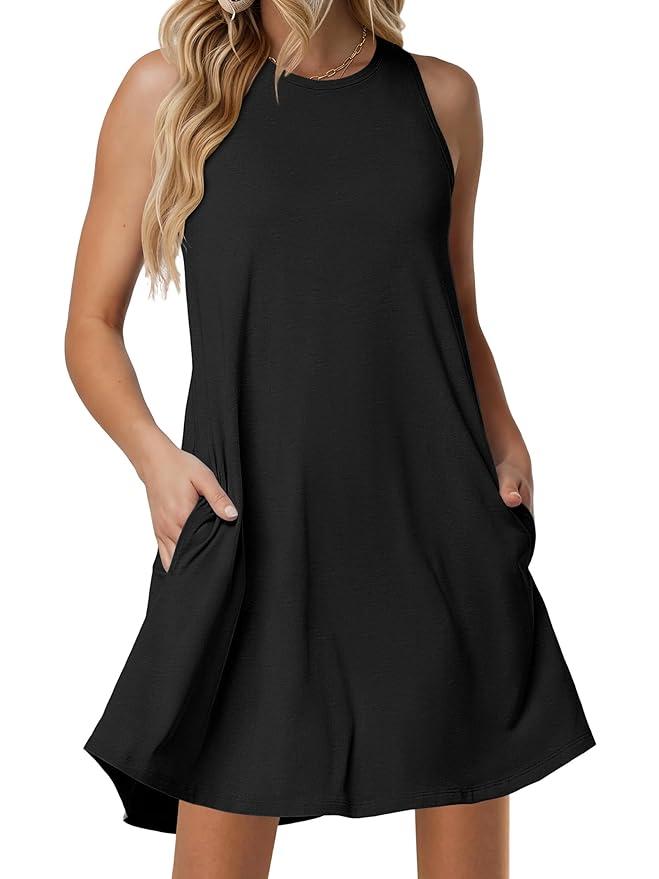 ANRABESS Women Summer Dress Built in Bra 2026 Casual Sleeveless Beach Sundress Flowy Tank Mini Short Dresses with Pockets, M