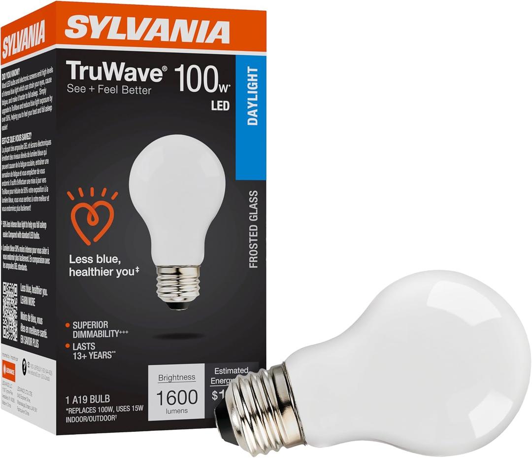 Sylvania LED TruWave Natural Series A19 Light Bulb, 100W Equivalent, Efficient 15W, 1600 Lumens, Medium Base, Dimmable, Frosted, 5000K, Daylight - 1 Pack (42290)