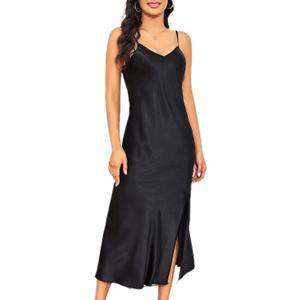 ALCEA ROSEA Women's Long Satin Slip Dress Nightgowns Sexy Lingerie Adjustable Strap Midi Dress Silky Gown V Neck Under Dress (Jet Black, M)