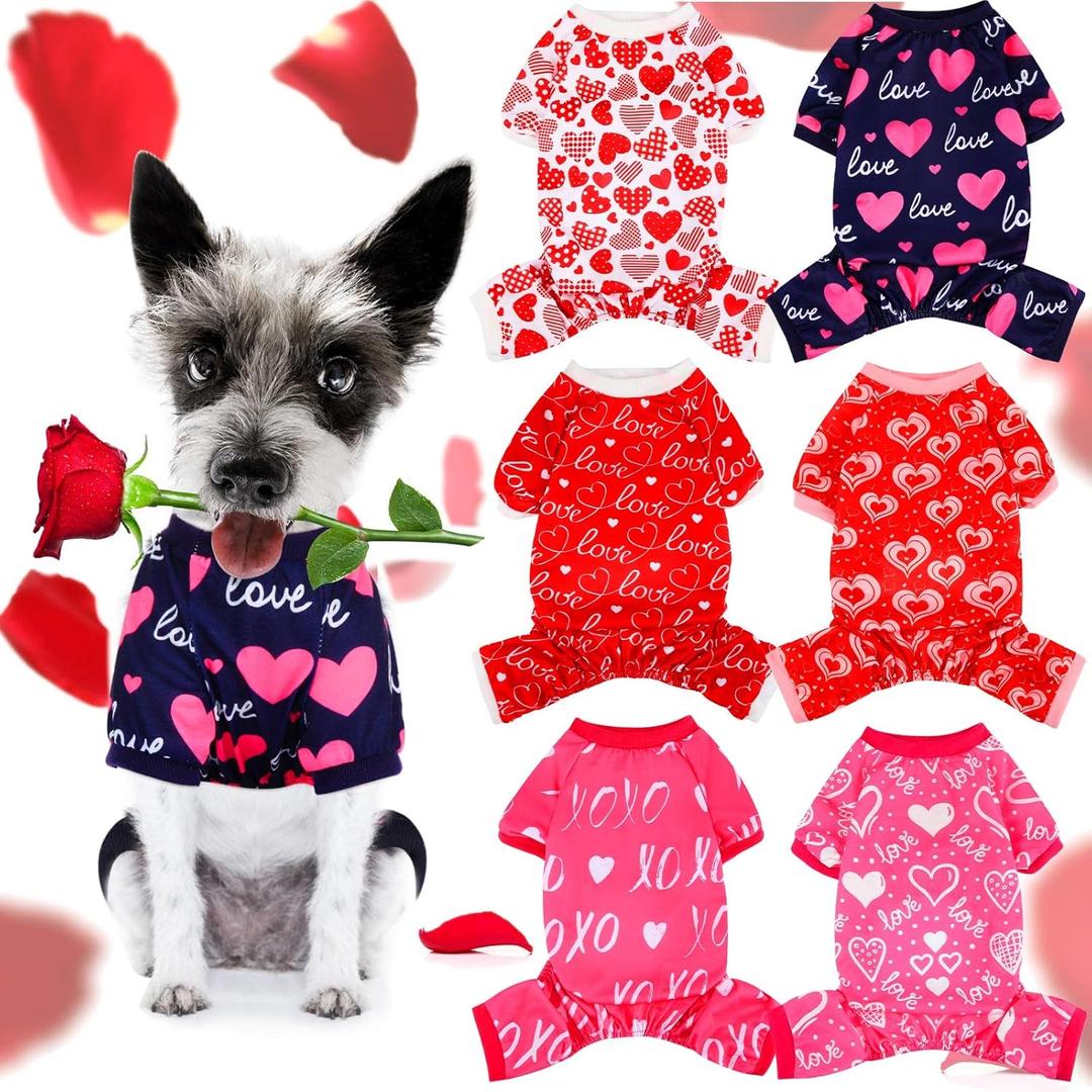 6 Pack Valentines Dog Pajamas Bulk Red Pink Heart Pattern Dog Valentines Holiday Outfit Clothes Jumpsuit Costumes for Boys Girls Puppy Cat Party Cosplay(Medium)