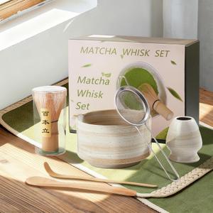 SRCVYLT Matcha Whisk Set, Ceramic Matcha Set Whisk and Bowl, Holder, Sifter, Spoon, Scoop, 6Pcs Ceremony Matcha Kit for Tea Lovers Making Breakfast/Latte (Rustic Beige)