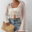SHENHE Women's Crochet Cardigan Tie Front Tops Boho Bell Long Sleeve Lightweight Cover Up (Beige, M)