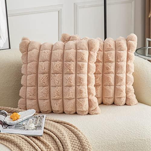 Neelvin Camel Faux Fur Cozy Soft Plaid Decorative Throw Pillow Covers 18x18 inch Set of 2,Velvet Pillowcase Cushion Case for Sofa Couch