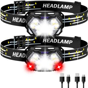 2000LM Ultra Bright 9 LED Headlamp, 2 Pack USB C Rechargeable Headlights, 10 Modes, Motion Sensor, Waterproof Head Lamp Flashlight with Red Light, Adjustable Headband for Adults Camping