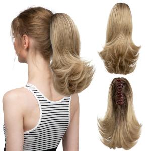 CJL HAIR Short Claw Clip Ponytail Hair Extension Drawstring Synthetic Fake Hairpiece for Women 12" Straight Ponytail with End Curls Brown to Ash Blonde (12 Inch (Pack of 1))