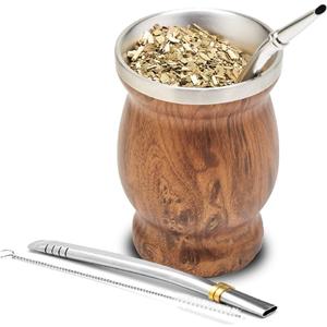 BALIBETOV Stainless Steel Double-Wall Mate Cup And Bombilla Set - Yerba Mate set Includes One Yerba Mate Cup, 2 Bombillas Mate (Straw) & Brush - Easy to Clean (8 Ounces, Wood)