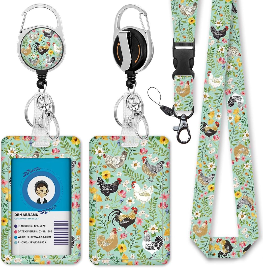 Immaturus Floral Chickens Lanyards for ID Badges, Cute Rooster Badge Holder Retractable Badge Reel, Animal Lanyard Id Holder Clip, Keychain Name Tag ID Card Protector Teacher Women Doctor Office Gift