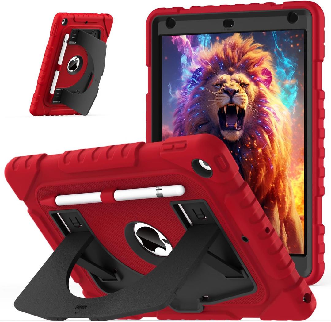 OKP Case for iPad 9th/ 8th/ 7th Generation 10.2 Inch (2021/2020/2019), Shockproof Rugged Heavy Duty i Pad 9 8 7 th Gen Protective 10.2'' Cover with Pencil Holder/Kickstand, Red+Black