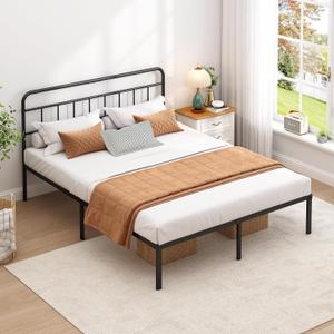 King Bed Frame with Classic Headboard,Strong Metal Slats Support,Under Bed Storage Space,No Box Spring Needed,Easy to Assemble,Black