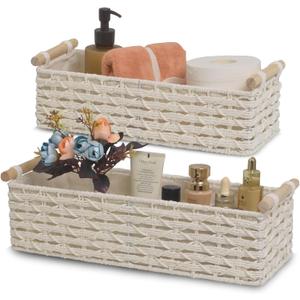 Toilet Paper Baskets for Organizing[2 pack],Paper Rope Wicker Storage Basket with Handle, Bathroom Basket for Bedroom, Nursery, Living Room.(white) (L: 15"L x 6.1"W x 4.7"H, S: 13.7"L x 5"W x 4.3"H)