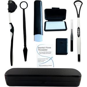 Portable Orthodontic Oral Care Kit for Braces - Interdental Brush Dental Wax Dental Floss Toothbrush Cleaning Kit, Black