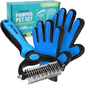 Maxpower Planet Pet Grooming Brush and 2X Grooming Gloves Combo - Double Sided Dematting, Deshedding Undercoat Rake for Dogs and Cats - Reduce Shedding Easily - Blue (Large)