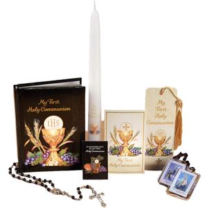 Bread of Life Deluxe Boxed Gift Set for Boys, Scapular, Rosary, Lapel Pin, Bookmark, Candle and Book, 7 Pieces (Black)