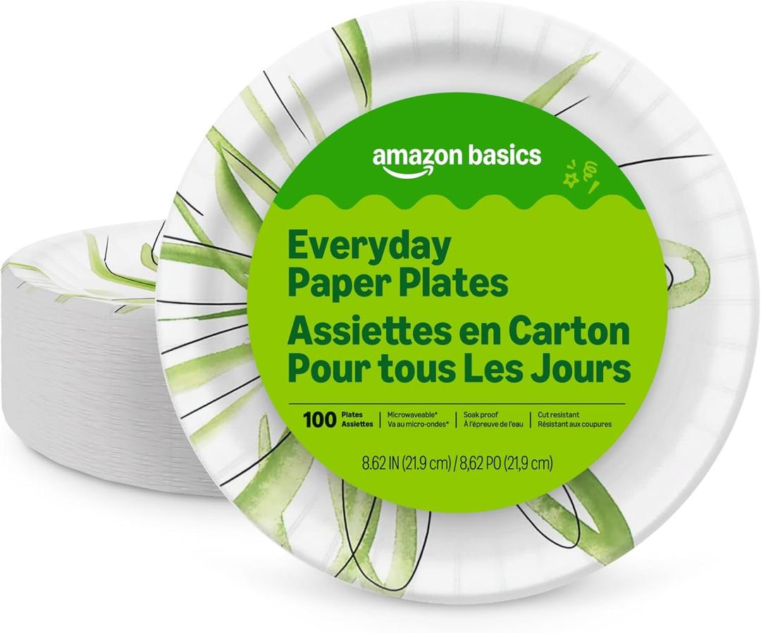 Everyday Disposable Paper Plates, 8.62 Inch, Microwave-Safe, Cut Resistant, Soak-Proof, 100 Count
