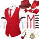 Neer 1920s Men Costume Accessories Outfit with Gangster Vest Hat Vintage Pocket Watch Bow Tie Suspenders Accessories (Small, Wine Red)