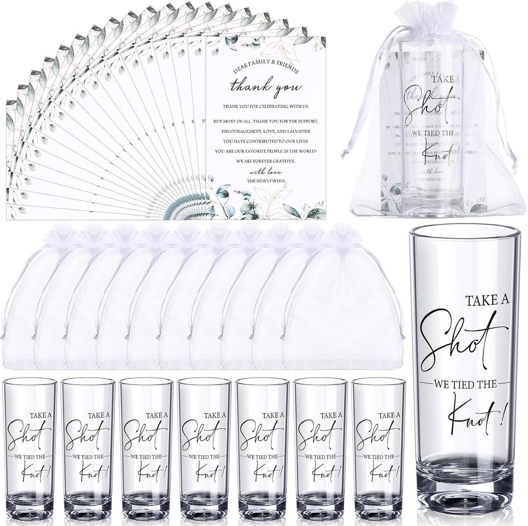 Sliner 50 Set Wedding Favors for Guests Bulk 2oz Acrylic Take a Shot We Tied the Knot Shot Glasses with Thank You Cards Organza Bags for Guest Souvenirs Wedding Gifts Newlyweds Bridal Shower Party, 1.57 x 4.1 inch