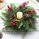 Mumufy Christmas Centerpiece Candle Holder 12 Inch Artificial Mini Tabletop Decoration Candle Holder with Pine Cones Artificial Pine Branches Red Berry 1 Candle Holders for Festival Home Decoration