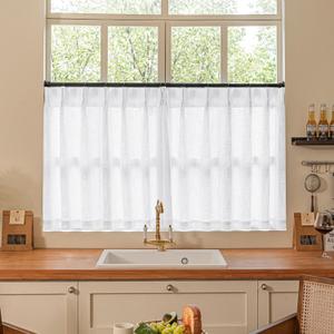 Pleated White Linen Cafe Curtains 30 Inch Length 2 Panels Privacy Light Filtering Semi Sheer Front Door Small Window Boho Farmhouse Pinch Pleated Short Curtains for Bathroom Kitchen Basement