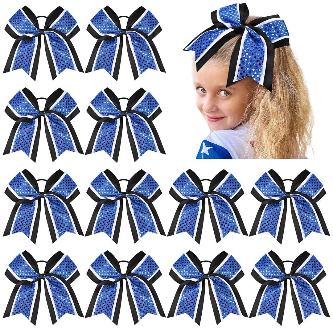 12 PCS 8" Large Glitter Cheer Bows Blue Black Girl Hair Bows Sparkly Cheerleading Softball Team Bow Hair Accessories for cheerleaders football Competition Sports