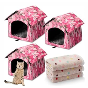 Dansydaisy 3 Set Waterproof Stray Cats Shelter Cat Houses for Outdoor Winter Warm Foldable Pet Cave with Soft Blankets Animal Tent Bed for Winter Feral Puppy Weatherproof  (Style 2, Pink)