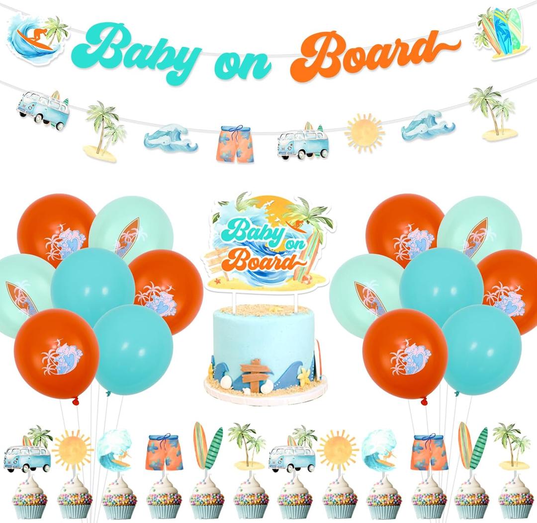 kreat4joy Surf Baby Shower Decorations, Baby On Board Baby Shower Decorations Banner Garland Cake Cupcake Toppers, Surfboard Orange Blue Balloons for Surf Summer Beach Boy Girl Baby Shower