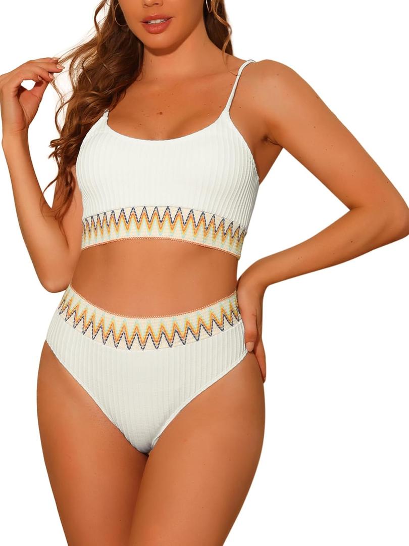 Elerevyo Women's High Waisted Ribbed Bikini Sets,Two Pieces Adjustable Spaghetti Straps Swimsuit Swimwear
 S