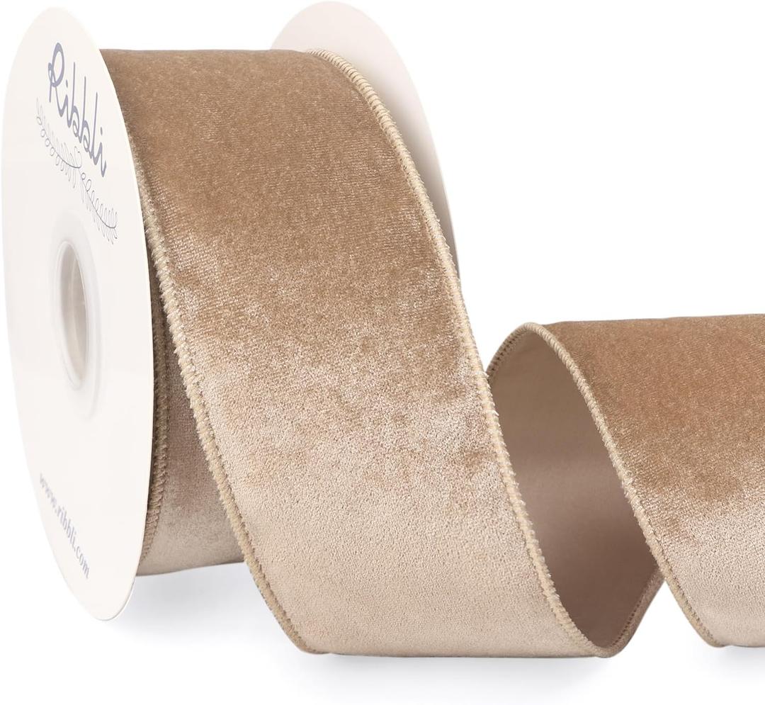 Ribbli Camel Velvet Wired Ribbon 2.5 Inch Velvet with Satin Christmas Ribbon for Gift Wrapping Christmas Tree Decoration Crafts Wreaths Supplies-Continuous 10 Yards