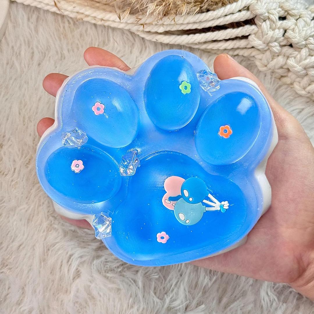 Big Taba Squishy Cat Paw, 5 in Large Paw Squeeze Toy Glittering Blue & White for Stress Relief and Relax, Sticky Squishies Fidget Toys for Party Favors Novelty Things Birthday Gift