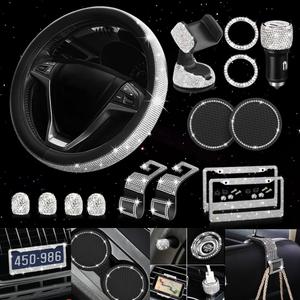 Diamond Bling Steering Wheel Cover for Women Universal Fit 15 Inch, 2 Glitter Rhinestone License Plate Frames, Crystal Car Seat Hooks for Purses Handbags, 15 Bling Car Accessories for Women (White)