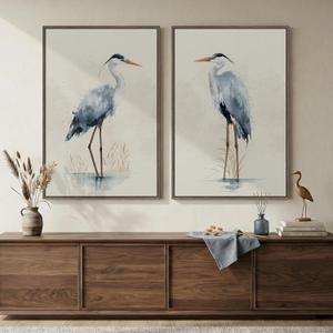 Large Framed Vintage Bird Wall Art, 2 Piece Neutral Blue Heron Canvas Painting Prints, Minimalist Farmhouse Vertical Coastal Heron Artwork for Living Room Office Kitchen Hallway Wall Decor, 24x36, 24" W x 36" H x 2Pcs
