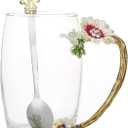 Tea Cup Gifts for Mom Women Mothers Day Glass Coffee Enamels Mug Birthday Butterfly Rose Gifts for Her Valentines Day Christmas Tea Cup with Spoon